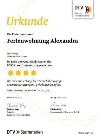 Urkunde für die Ferienwohnung Alexandra vom Deutschen Tourismusverband e.V.